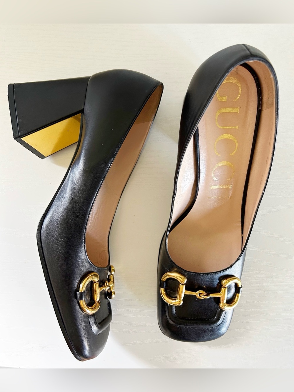 Gucci Baby Bit Horsebit Black Leather Block Heel Pumps Size EU 40